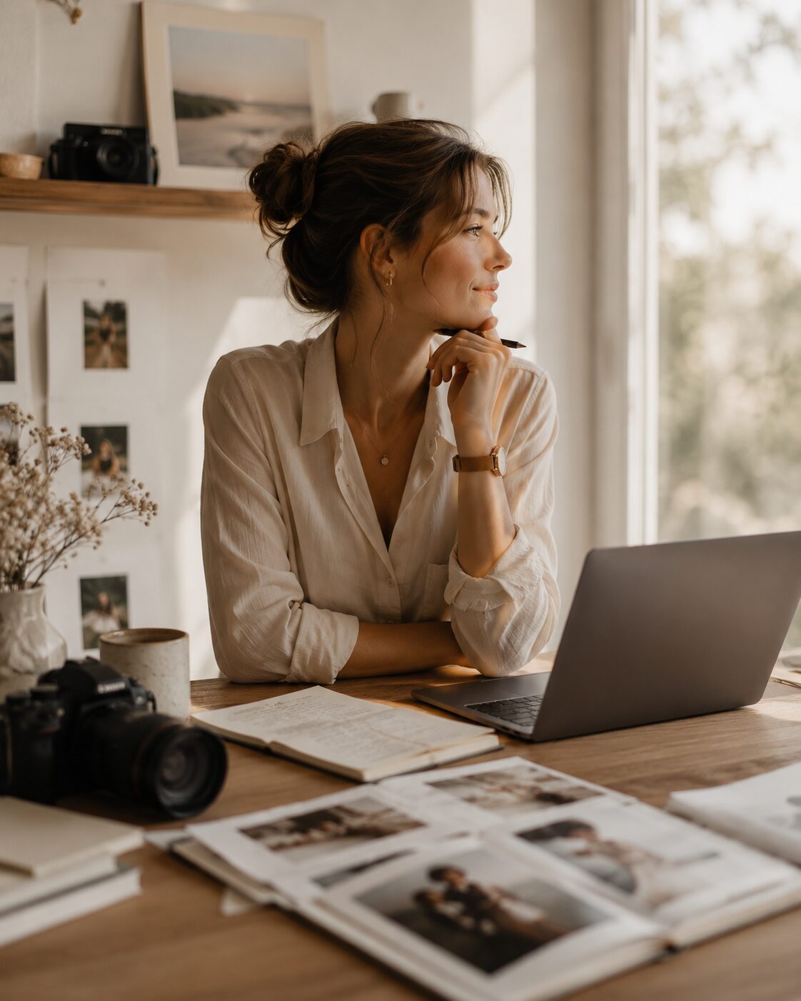 Photographer reviewing images at her desk